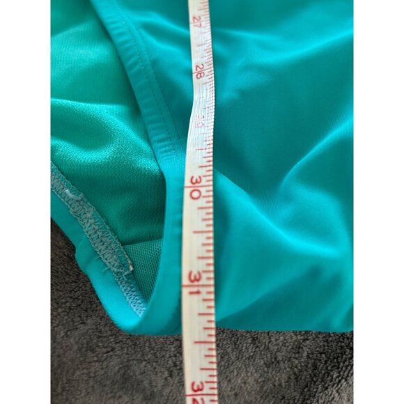 Crisscross Halter Teal One-Piece Swimsuit With Black Stripes & Back Clasp Closur - Picture 11 of 12